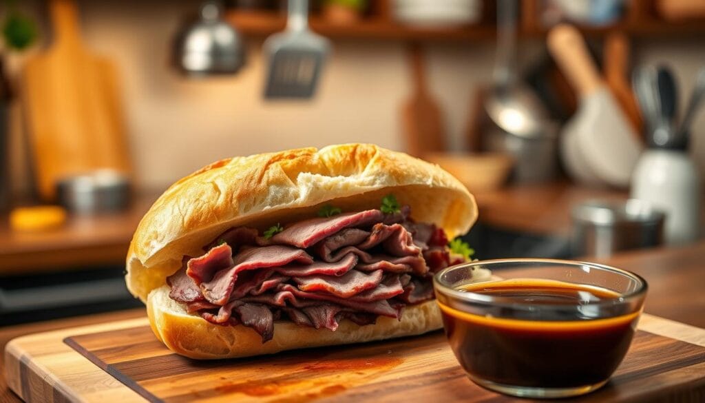 A beautifully crafted French dip sandwich, cut in half, showcasing tender slices of roast beef piled inside a fresh, crusty baguette. The sandwich is accompanied by a small bowl of rich, savory au jus, steam rising gently from the liquid. In the foreground, the sandwich is placed on a rustic wooden cutting board, garnished with sprigs of parsley and a few sliced pickles for color. The middle ground features a warm, inviting kitchen environment, with soft, ambient lighting illuminating the scene, creating a cozy atmosphere. The background reveals blurred kitchen utensils and ingredients, hinting at the cooking process. Shot from a slightly elevated angle, this image captures the essence of comfort food and the history behind this classic dish.