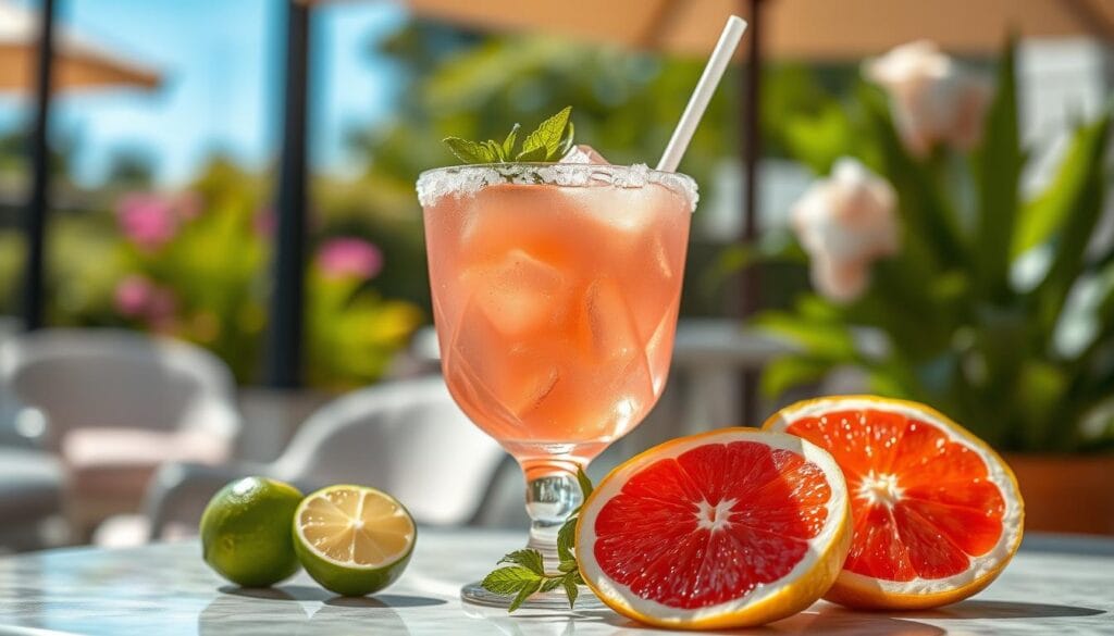 A beautifully crafted Paloma cocktail served in a elegant glass filled with ice, showcasing a vibrant pink grapefruit hue. The foreground features fresh lime and grapefruit slices elegantly arranged beside the glass, with a coarse salt rim that glistens under warm, natural sunlight. In the middle, delicate herbs like mint and a straw can be seen peeking out from the drink, adding to the refreshing vibe. The background includes a blurred summery patio scene with lush greenery and a bright blue sky, enhancing the outdoor summer atmosphere. Soft, natural light cascades over the scene, creating a warm and inviting mood, perfect for a leisurely afternoon. The composition is captured from a slightly elevated angle, drawing attention to the drink while ensuring it feels approachable and enticing. A beautifully crafted Paloma cocktail served in a elegant glass filled with ice, showcasing a vibrant pink grapefruit hue. The foreground features fresh lime and grapefruit slices elegantly arranged beside the glass, with a coarse salt rim that glistens under warm, natural sunlight. In the middle, delicate herbs like mint and a straw can be seen peeking out from the drink, adding to the refreshing vibe. The background includes a blurred summery patio scene with lush greenery and a bright blue sky, enhancing the outdoor summer atmosphere. Soft, natural light cascades over the scene, creating a warm and inviting mood, perfect for a leisurely afternoon. The composition is captured from a slightly elevated angle, drawing attention to the drink while ensuring it feels approachable and enticing.