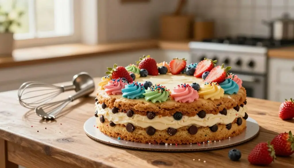 A beautifully decorated cookie cake sits prominently on a rustic wooden table in the foreground, showcasing an arrangement of colorful frosting, chocolate chips, and sprinkles. The cake, with its thick, chewy texture and layered appearance, is adorned with fresh fruits like strawberries and blueberries, adding a vibrant touch. In the middle ground, a few baking utensils—whisks and measuring cups—are artfully placed, hinting at the homemade aspect of the cake. The background features softly blurred kitchen elements, such as a vintage oven and a window with sunlight streaming in, creating a warm and inviting atmosphere. The lighting is soft and natural, illuminating the cake and enhancing its details, while the camera angle captures the cake at eye level, inviting viewers to indulge in its tempting appearance. The overall mood evokes a sense of joy and celebration, perfect for special occasions. A beautifully decorated cookie cake sits prominently on a rustic wooden table in the foreground, showcasing an arrangement of colorful frosting, chocolate chips, and sprinkles. The cake, with its thick, chewy texture and layered appearance, is adorned with fresh fruits like strawberries and blueberries, adding a vibrant touch. In the middle ground, a few baking utensils—whisks and measuring cups—are artfully placed, hinting at the homemade aspect of the cake. The background features softly blurred kitchen elements, such as a vintage oven and a window with sunlight streaming in, creating a warm and inviting atmosphere. The lighting is soft and natural, illuminating the cake and enhancing its details, while the camera angle captures the cake at eye level, inviting viewers to indulge in its tempting appearance. The overall mood evokes a sense of joy and celebration, perfect for special occasions.