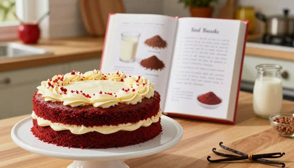 A beautifully decorated red velvet cake sits on a pristine white cake stand in the foreground, showcasing its rich, vibrant crimson layers contrasted by fluffy cream cheese frosting. The cake is garnished with delicate crumbs and playful red sprinkles, emphasizing its moist texture. In the middle ground, an open recipe book displays a handwritten recipe, with ingredients like cocoa powder, buttermilk, and vanilla artistically arranged around it. The background features a cozy kitchen setting bathed in warm, natural light, highlighting a wooden countertop and colorful baking tools. The overall atmosphere is inviting and warm, evoking a sense of comfort and creativity in baking, ideal for a step-by-step cooking guide on red velvet cake.