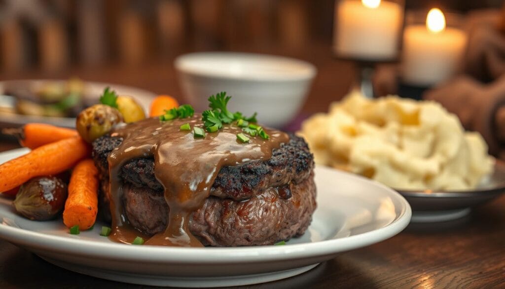 A beautifully plated hamburger steak, perfectly seared with a rich, caramelized crust, sits prominently in the foreground. The steak is topped with a luscious, glossy mushroom gravy, garnished with finely chopped parsley. Surrounding the steak are tender, roasted vegetables such as vibrant carrots and Brussels sprouts, adding a pop of color. In the middle ground, a plate of fluffy mashed potatoes, creamy and buttery, complements the dish. In the background, a softly blurred rustic dining table setting, with warm candlelight casting a cozy glow, enhances the inviting atmosphere. The image should have soft, warm lighting to evoke a comforting mood, captured from a slightly overhead angle to highlight the textures and details of the food. No text or overlays present.