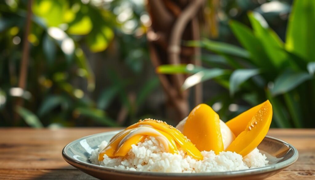 A beautifully plated serving of authentic mango sticky rice sits prominently in the foreground. The sticky rice is perfectly cooked, glistening with a drizzle of rich coconut cream that has a glossy sheen. Bright yellow slices of ripe mango are artistically arranged beside the rice, showcasing their vibrant color and smooth texture. A sprinkle of sesame seeds adds a touch of contrast. In the middle ground, a natural wooden table surface enhances the rustic, inviting feel of the scene. The background features a softly blurred tropical garden with lush greenery and hints of sunlight filtering through leaves, evoking a warm, serene atmosphere. The lighting is soft and natural, creating gentle highlights on the mango and rice. The angle is slightly above the plate, capturing the delicious details while inviting the viewer into the experience of this iconic Thai dessert.