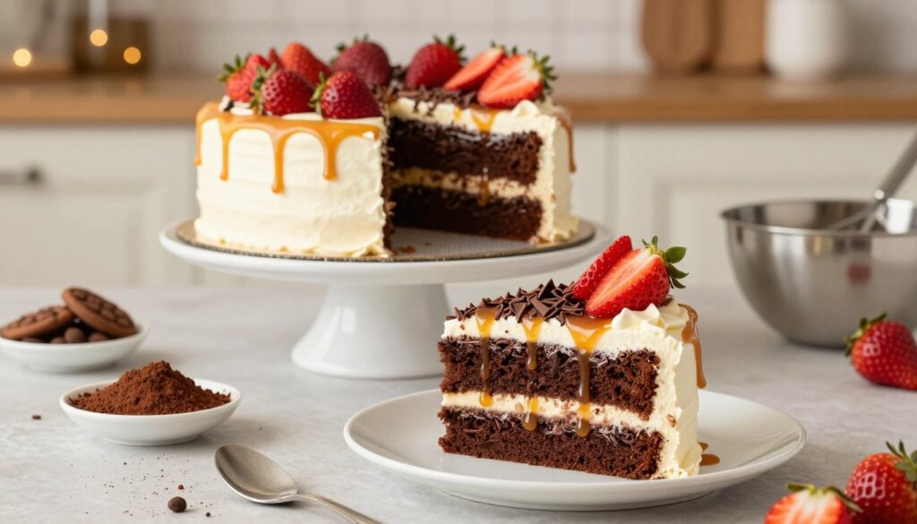 A beautifully plated slice of "Better Than Sex" cake, showcasing layers of rich chocolate cake, creamy whipped topping, and caramel drizzle. In the foreground, the slice is adorned with chocolate shavings and fresh strawberries for a burst of color. The middle ground features a whole cake on an elegant cake stand, surrounded by ingredients like cocoa powder, crushed cookies, and a mixing bowl. In the background, a softly lit kitchen with warm tones creates an inviting atmosphere, with subtle bokeh effects to enhance focus on the cake. The lighting is bright but soft, evoking a cozy, indulgent feel. Capture this scene from a slightly elevated angle, emphasizing the delicious textures and inviting presentation of the dessert.
