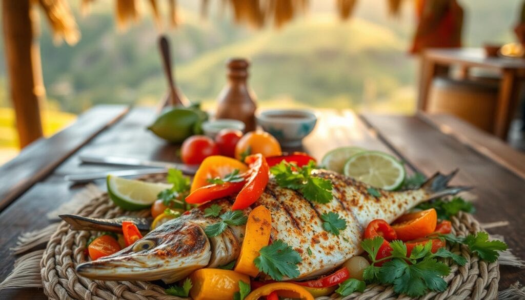 A beautifully presented authentic Mounjaro dish in the foreground, featuring a vibrant mix of herbs, spices, and fresh vegetables, artfully arranged on a traditional woven mat. The dish includes grilled fish seasoned with local spices, colorful bell peppers, and ripe avocado slices, garnished with cilantro and lime wedges. In the middle ground, set against a rustic wooden table, there are traditional utensils and a small bowl of spicy sauce to complement the meal. The background reveals a softly blurred natural landscape, hinting at the rich cultural origins of Mounjaro cuisine, with warm, golden sunlight filtering through, creating an inviting atmosphere. Use a warm color palette with soft natural lighting to enhance the dish's appeal, captured with a shallow depth of field for a focus on the vibrant textures and colors. A beautifully presented authentic Mounjaro dish in the foreground, featuring a vibrant mix of herbs, spices, and fresh vegetables, artfully arranged on a traditional woven mat. The dish includes grilled fish seasoned with local spices, colorful bell peppers, and ripe avocado slices, garnished with cilantro and lime wedges. In the middle ground, set against a rustic wooden table, there are traditional utensils and a small bowl of spicy sauce to complement the meal. The background reveals a softly blurred natural landscape, hinting at the rich cultural origins of Mounjaro cuisine, with warm, golden sunlight filtering through, creating an inviting atmosphere. Use a warm color palette with soft natural lighting to enhance the dish's appeal, captured with a shallow depth of field for a focus on the vibrant textures and colors.