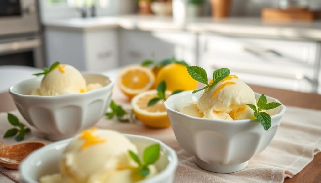 A beautifully styled Honey Lemon Balm Ice Cream dessert served in elegant white ceramic bowls, topped with fresh lemon balm leaves and delicate lemon zest. The foreground features a close-up of the creamy, pale yellow ice cream, glistening subtly in the soft light. A wooden spoon rests beside the bowl, invitingly positioned. In the middle, a pastel-colored tablecloth complements the scene, adorned with slices of bright yellow lemons and sprigs of lemon balm. The background features a blurred kitchen setting, softly lit with natural light streaming in from a nearby window, creating a warm and inviting atmosphere. The overall mood is refreshing and serene, highlighting the vibrant flavors of lemon balm. A beautifully styled Honey Lemon Balm Ice Cream dessert served in elegant white ceramic bowls, topped with fresh lemon balm leaves and delicate lemon zest. The foreground features a close-up of the creamy, pale yellow ice cream, glistening subtly in the soft light. A wooden spoon rests beside the bowl, invitingly positioned. In the middle, a pastel-colored tablecloth complements the scene, adorned with slices of bright yellow lemons and sprigs of lemon balm. The background features a blurred kitchen setting, softly lit with natural light streaming in from a nearby window, creating a warm and inviting atmosphere. The overall mood is refreshing and serene, highlighting the vibrant flavors of lemon balm.