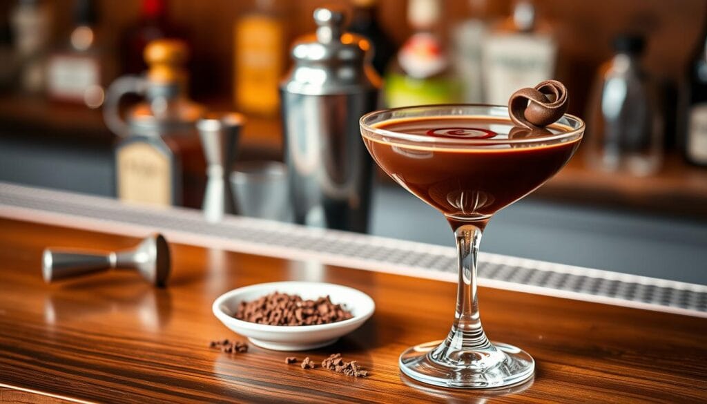 A beautifully styled chocolate martini sitting elegantly on a polished wooden bar top. In the foreground, the glass is filled with a rich, dark chocolate-colored liquid, garnished with a delicate swirl of chocolate syrup and a single chocolate curl. Beside it, a small dish of cocoa powder and chocolate shavings. In the middle ground, a vintage cocktail shaker and a jigger, hinting at the mixing process. The background features blurred bar supplies, creating an inviting atmosphere. Soft, warm lighting highlights the glossy surface of the glass, casting gentle reflections. The scene conveys sophistication and indulgence, perfect for a special occasion or a quiet evening. Shot with a slight upward angle, enhancing the elegance of the martini. A beautifully styled chocolate martini sitting elegantly on a polished wooden bar top. In the foreground, the glass is filled with a rich, dark chocolate-colored liquid, garnished with a delicate swirl of chocolate syrup and a single chocolate curl. Beside it, a small dish of cocoa powder and chocolate shavings. In the middle ground, a vintage cocktail shaker and a jigger, hinting at the mixing process. The background features blurred bar supplies, creating an inviting atmosphere. Soft, warm lighting highlights the glossy surface of the glass, casting gentle reflections. The scene conveys sophistication and indulgence, perfect for a special occasion or a quiet evening. Shot with a slight upward angle, enhancing the elegance of the martini.