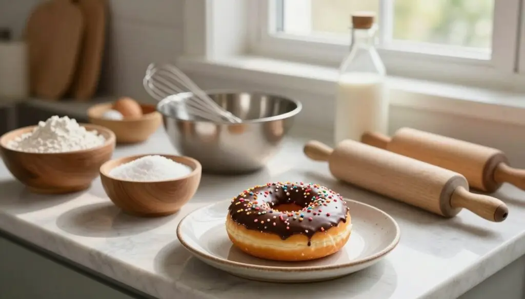 A beautifully styled kitchen countertop filled with an array of baking ingredients for cake donuts, including flour, sugar, eggs, and milk, artfully arranged in rustic bowls. In the foreground, a freshly baked cake donut, coated in a rich, chocolate glaze and sprinkled with colorful sprinkles, sits on a handmade ceramic plate. The middle area features a whisk, a mixing bowl, and a rolling pin, subtly emphasizing the step-by-step preparation process. In the background, soft natural lighting filters through a window, illuminating the scene and casting gentle shadows, creating a warm and inviting atmosphere. The overall mood is cozy and homey, perfect for a delightful baking session, showcasing the craft of making soft, fluffy cake donuts. A beautifully styled kitchen countertop filled with an array of baking ingredients for cake donuts, including flour, sugar, eggs, and milk, artfully arranged in rustic bowls. In the foreground, a freshly baked cake donut, coated in a rich, chocolate glaze and sprinkled with colorful sprinkles, sits on a handmade ceramic plate. The middle area features a whisk, a mixing bowl, and a rolling pin, subtly emphasizing the step-by-step preparation process. In the background, soft natural lighting filters through a window, illuminating the scene and casting gentle shadows, creating a warm and inviting atmosphere. The overall mood is cozy and homey, perfect for a delightful baking session, showcasing the craft of making soft, fluffy cake donuts.