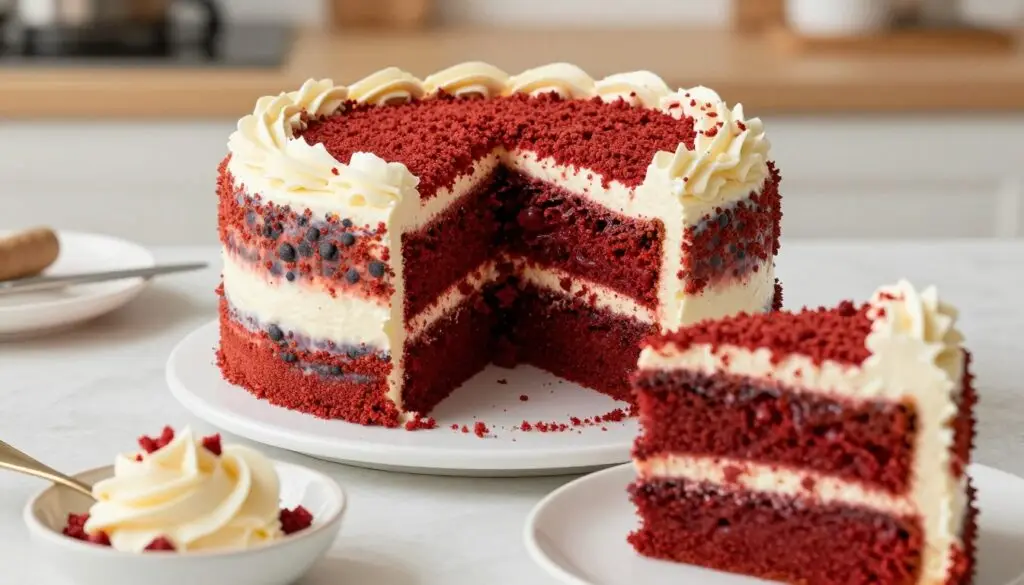 A beautifully styled red velvet cake on a white plate, prominently showcasing various color issues such as uneven red hues, dark spots, and fading colors. In the foreground, a slice of the cake is cut, revealing its rich texture and layers. The middle ground features a small dish with cream cheese frosting and scattered red cake crumbs, hinting at the baking process. In the background, a softly blurred kitchen setting with warm, natural lighting enhances the inviting atmosphere. Capture the scene from a slightly elevated angle to emphasize the cake's height and layers. The mood should be both informative and lighthearted, reflecting common baking mistakes while inviting the viewer to appreciate the beauty of the cake.