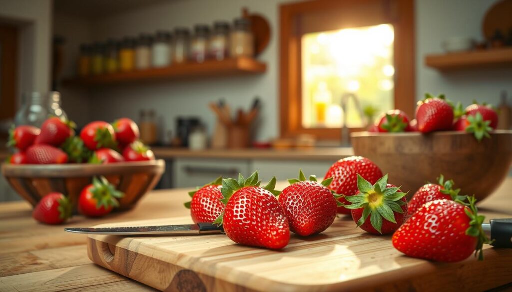 A bright and inviting kitchen scene, focused on the preparation of fresh strawberries for homemade strawberry ice cream. In the foreground, a wooden cutting board holds glistening, ripe strawberries being hulled with a small knife, glistening with droplets of water. To the side, there’s a rustic bowl filled with the hulled strawberries, their vibrant red color contrasting with the earthy tones of the wood. In the middle ground, a sunlit kitchen window filters warm light, casting soft shadows and highlighting the textural details of the strawberries. In the background, shelves with jars of ingredients create a cozy ambiance, evoking a sense of warmth and home. The overall mood is cheerful and inviting, perfect for a summer treat.