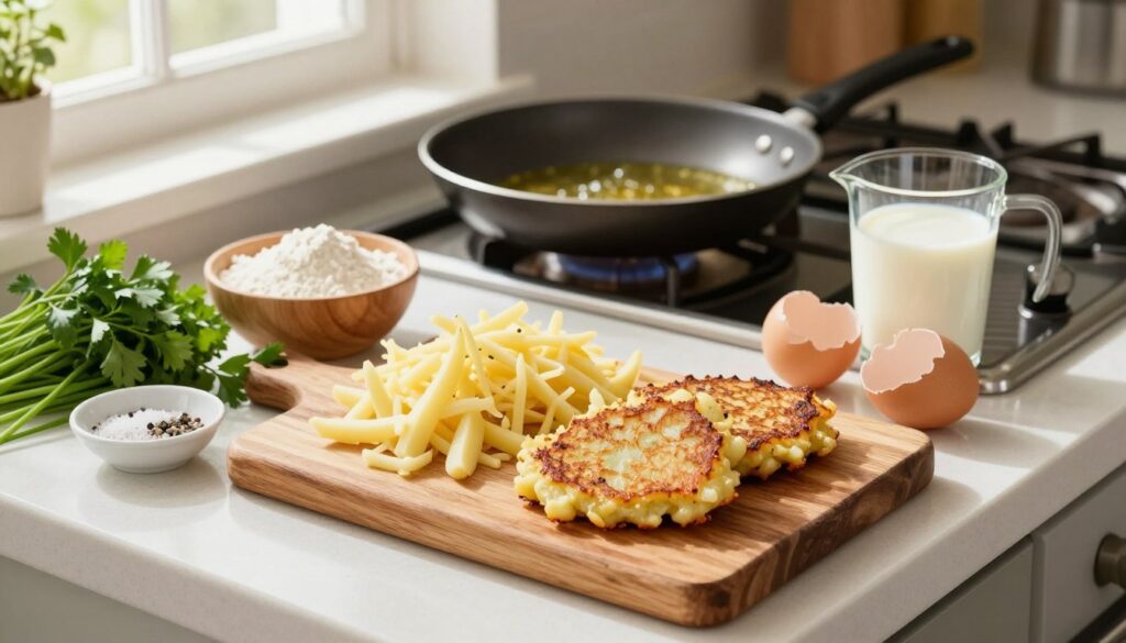 A bright, inviting kitchen countertop featuring an array of ingredients for savory potato pancakes. In the foreground, a rustic wooden cutting board displays perfectly grated potatoes, a bowl of flour, and an assortment of fresh herbs like chives and parsley. A small dish of salt and pepper is nearby, alongside a cracked egg and a measuring cup of milk. In the middle background, you can see a frying pan heating on a stove with oil shimmering, ready for cooking. The kitchen is bathed in warm, natural light streaming in from a window, creating a cozy atmosphere. The camera angle is slightly above eye level, capturing the delightful textures of the ingredients and inviting you into the cooking process, embodying a sense of comfort and homemade goodness.