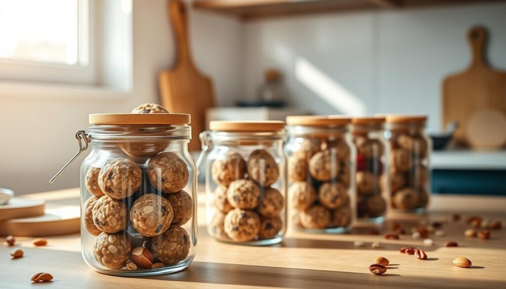 A bright, inviting kitchen countertop showcasing a variety of homemade protein balls stored in clear glass jars with wooden lids, highlighting their colorful ingredients like oats, nuts, and dried fruits. The foreground features a neatly arranged jar overflowing with round protein balls, while other jars stand slightly in the background, emphasizing the storage aspect. Soft natural lighting streams in from a nearby window, casting gentle shadows and creating a warm, cozy atmosphere. The kitchen backdrop includes subtle elements like a wooden cutting board and a few scattered nuts and seeds, enhancing the healthy theme. The angle is slightly above eye level, offering a comprehensive view while maintaining focus on the jars, inviting viewers to appreciate the healthy snack storage concept.