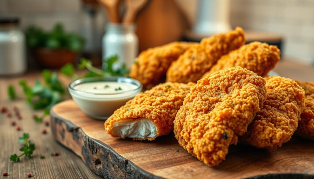 A close-up image of crispy fried chicken tenderloins, perfectly golden-brown with a crunchy exterior, placed on a rustic wooden plank. In the foreground, some tenderloins are arranged attractively, showcasing their juicy insides peeking through the crispy coating. A side of creamy dipping sauce in a small bowl complements the dish, with a sprinkle of fresh herbs for garnish. In the middle ground, a few sprigs of parsley and spices like paprika scattered for added texture. The background features a cozy kitchen setting, softly lit with warm, diffuse lighting to evoke a homey atmosphere. The composition is shot at a slight angle to highlight the details of the chicken, creating an inviting and mouth-watering visual that captures the essence of classic comfort food. A close-up image of crispy fried chicken tenderloins, perfectly golden-brown with a crunchy exterior, placed on a rustic wooden plank. In the foreground, some tenderloins are arranged attractively, showcasing their juicy insides peeking through the crispy coating. A side of creamy dipping sauce in a small bowl complements the dish, with a sprinkle of fresh herbs for garnish. In the middle ground, a few sprigs of parsley and spices like paprika scattered for added texture. The background features a cozy kitchen setting, softly lit with warm, diffuse lighting to evoke a homey atmosphere. The composition is shot at a slight angle to highlight the details of the chicken, creating an inviting and mouth-watering visual that captures the essence of classic comfort food.