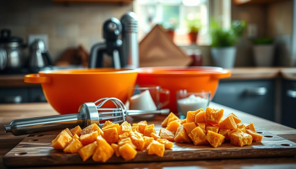 A close-up shot of a beautifully arranged kitchen countertop featuring essential tools for making creamy mashed sweet potatoes. In the foreground, a rustic wooden cutting board holds peeled, chopped sweet potatoes ready for boiling, alongside a stainless steel masher and a bright orange mixing bowl. The middle layer showcases an electric hand mixer, a measuring cup with butter and cream, and a small dish of sea salt. In the background, a warm, inviting kitchen with soft natural light pouring in from a nearby window adds a cozy atmosphere, with a hint of potted herbs on the sill. The focus is sharp on the kitchen tools, with a soft bokeh effect in the background, evoking a sense of warmth and comfort in the kitchen. A close-up shot of a beautifully arranged kitchen countertop featuring essential tools for making creamy mashed sweet potatoes. In the foreground, a rustic wooden cutting board holds peeled, chopped sweet potatoes ready for boiling, alongside a stainless steel masher and a bright orange mixing bowl. The middle layer showcases an electric hand mixer, a measuring cup with butter and cream, and a small dish of sea salt. In the background, a warm, inviting kitchen with soft natural light pouring in from a nearby window adds a cozy atmosphere, with a hint of potted herbs on the sill. The focus is sharp on the kitchen tools, with a soft bokeh effect in the background, evoking a sense of warmth and comfort in the kitchen.