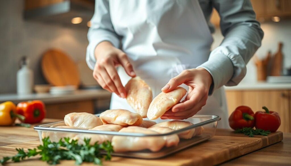 A close-up shot of a person in a modern kitchen, wearing a clean white apron and modest casual clothing, carefully selecting fresh chicken tenderloins from a neatly organized tray. The person's hands, highlighted by soft, natural light, gently hold the tenderloins, showcasing their juicy texture. In the background, colorful vegetables like bell peppers and herbs rest on a cutting board, hinting at a flavorful preparation process. The kitchen has a warm and inviting atmosphere, with wooden cabinets and subtle overhead lighting providing a cozy ambiance. The composition should be shot from a slightly elevated angle to emphasize the action of selecting the chicken, focusing on the tenderloins while keeping the environment contextual yet unobtrusive. The overall mood is one of preparation and culinary creativity. A close-up shot of a person in a modern kitchen, wearing a clean white apron and modest casual clothing, carefully selecting fresh chicken tenderloins from a neatly organized tray. The person's hands, highlighted by soft, natural light, gently hold the tenderloins, showcasing their juicy texture. In the background, colorful vegetables like bell peppers and herbs rest on a cutting board, hinting at a flavorful preparation process. The kitchen has a warm and inviting atmosphere, with wooden cabinets and subtle overhead lighting providing a cozy ambiance. The composition should be shot from a slightly elevated angle to emphasize the action of selecting the chicken, focusing on the tenderloins while keeping the environment contextual yet unobtrusive. The overall mood is one of preparation and culinary creativity.