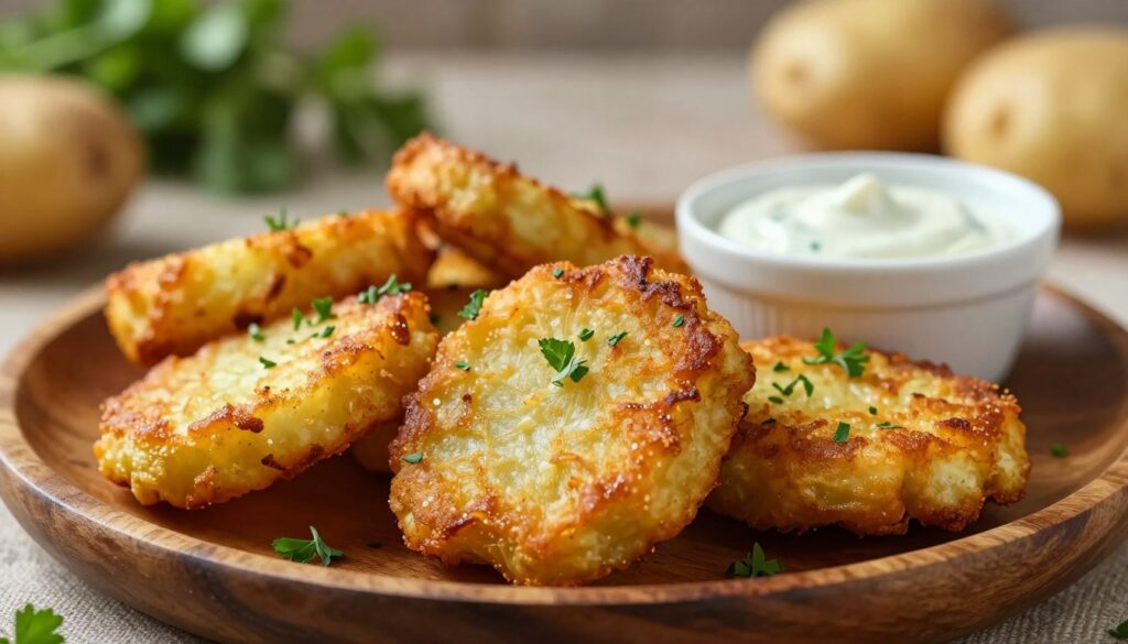 A close-up shot of golden, crispy potato fritters arranged on a rustic wooden plate, showcasing their perfectly fried texture and rich golden-brown color. The fritters are garnished with a sprinkle of fresh parsley and accompanied by a small bowl of tangy dipping sauce. In the background, a softly lit kitchen atmosphere gives a warm and inviting feeling, with subtle hints of fresh ingredients like potatoes and herbs blurred out. The lighting is warm and natural, illuminating the fritters and creating a mouthwatering appeal. The image is captured with a shallow depth of field, focusing on the fritters in the foreground while softly blurring the background, enhancing the aesthetic of this delicious dish. The overall mood is cozy and home-cooked, inviting viewers to enjoy the delightful flavors of potato cakes.