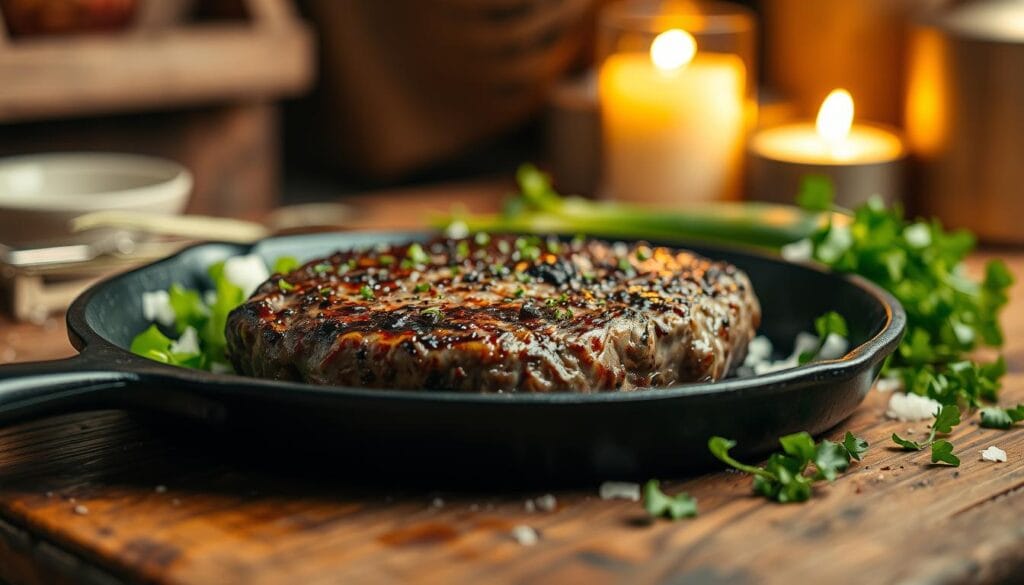 A close-up view of a juicy hamburger steak sizzling on a cast-iron skillet, the meat glistening with juices. Surround the steak with essential ingredients: fresh chopped onions, vibrant green bell peppers, and a sprinkle of aromatic herbs. The background features a rustic wooden table with a warm candlelight glow, creating an inviting atmosphere. The lighting is soft and focused, highlighting the textures of the steak and fresh ingredients, reminiscent of a cozy kitchen setting. Use a shallow depth of field to create a soft bokeh effect on the background, emphasizing the delicious details in the foreground. An overall warm color palette enhances the comfort food vibe of this savory classic.