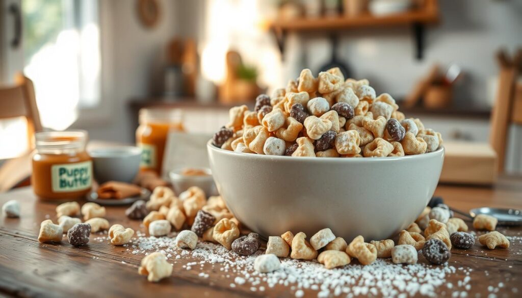A close-up view of a rustic wooden table set with a generous bowl of homemade puppy chow, featuring a delightful mix of Chex cereal, melted chocolate, powdered sugar, and peanut butter. Scattered around the bowl are some fresh ingredients like a jar of peanut butter and a sprinkle of powdered sugar, creating a warm, inviting atmosphere. The background softly blurs to reveal a cozy kitchen setting with sunlight streaming through a window, casting gentle shadows that enhance the scene's warmth. The lighting is natural and bright, emphasizing the textures of the treats. The overall mood is playful and inviting, highlighting the joy of creating homemade snacks for beloved pets.