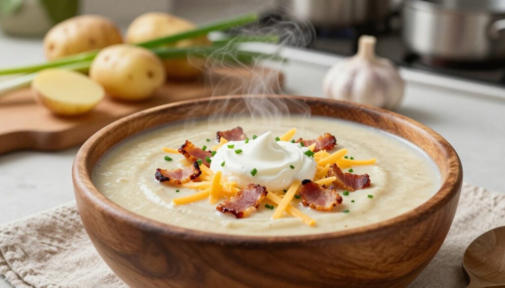 A close-up view of a steaming bowl of loaded potato soup, creamy and thick, garnished with crispy bacon bits, shredded cheddar cheese, fresh chives, and a dollop of sour cream on top. The soup is presented in a rustic wooden bowl, set on a textured linen tablecloth that adds warmth to the scene. In the background, a wooden cutting board displays fresh ingredients like potatoes, green onions, and garlic, enhancing the home-cooked feel. Soft, natural lighting illuminates the soup, casting gentle shadows and creating an inviting atmosphere. A blurred kitchen scene with pots and pans can be seen in the far background, adding to the sense of a cozy, domestic environment, evoking the joy of cooking this comforting dish. A close-up view of a steaming bowl of loaded potato soup, creamy and thick, garnished with crispy bacon bits, shredded cheddar cheese, fresh chives, and a dollop of sour cream on top. The soup is presented in a rustic wooden bowl, set on a textured linen tablecloth that adds warmth to the scene. In the background, a wooden cutting board displays fresh ingredients like potatoes, green onions, and garlic, enhancing the home-cooked feel. Soft, natural lighting illuminates the soup, casting gentle shadows and creating an inviting atmosphere. A blurred kitchen scene with pots and pans can be seen in the far background, adding to the sense of a cozy, domestic environment, evoking the joy of cooking this comforting dish.