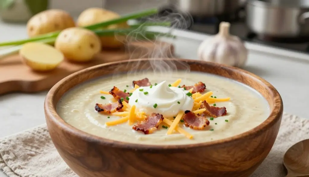 A close-up view of a steaming bowl of loaded potato soup, creamy and thick, garnished with crispy bacon bits, shredded cheddar cheese, fresh chives, and a dollop of sour cream on top. The soup is presented in a rustic wooden bowl, set on a textured linen tablecloth that adds warmth to the scene. In the background, a wooden cutting board displays fresh ingredients like potatoes, green onions, and garlic, enhancing the home-cooked feel. Soft, natural lighting illuminates the soup, casting gentle shadows and creating an inviting atmosphere. A blurred kitchen scene with pots and pans can be seen in the far background, adding to the sense of a cozy, domestic environment, evoking the joy of cooking this comforting dish.
