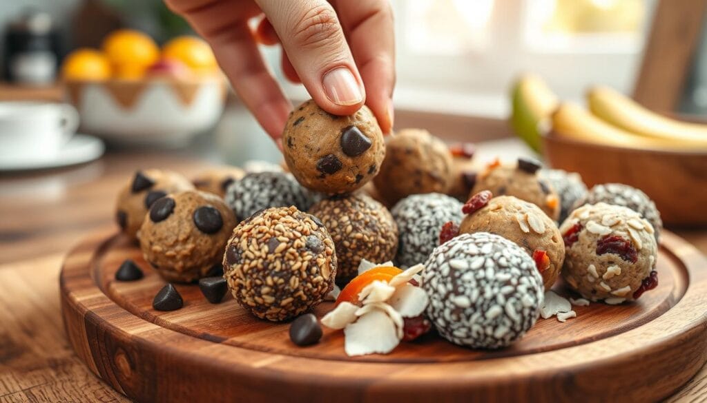 A close-up view of a variety of healthy energy bites arranged artfully on a wooden serving platter. Each protein ball features distinct textures and colors, showcasing ingredients like dark chocolate chips, chia seeds, peanut butter, coconut flakes, and dried fruit. In the foreground, a hand delicately places a bite atop the platter. The middle ground captures the rich, inviting colors of the energy bites, contrasted with the natural wood grains of the platter. The background includes soft-focus kitchen elements, like an inviting fruit bowl and warm lighting from a window, creating a cozy and wholesome atmosphere. The overall scene conveys a sense of healthfulness, creativity, and customization in snacking.