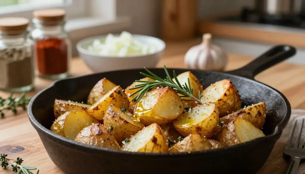 A close-up view of crispy breakfast potatoes being prepared, set on a rustic wooden kitchen counter. In the foreground, golden-brown diced potatoes glisten with olive oil, some lightly seasoned with salt and pepper, arranged in a cast-iron skillet. Fresh herbs like rosemary and thyme are scattered on top, adding vibrant green pops of color. In the middle, a bowl with chopped onions and garlic sits ready for mixing, surrounded by small jars of spices like paprika and cumin, which enhance the dish's flavor. The background features a cozy kitchen ambiance, with warm soft lighting illuminating the scene, evoking a welcoming morning atmosphere. The composition focuses on the preparation, showcasing the texture and colors of the ingredients to emphasize the culinary art involved in making crispy breakfast potatoes.