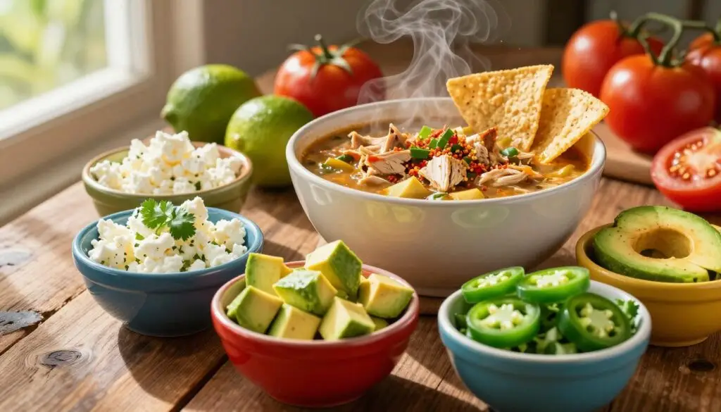 A colorful display of flavorful chicken taco soup toppings arranged artistically on a rustic wooden table. In the foreground, vibrant bowls filled with diced avocado, crumbled queso fresco, chopped cilantro, and sliced jalapeños. The middle ground features a steaming bowl of hearty chicken taco soup, glistening with spices, topped with crunchy tortilla strips. In the background, a blurred out landscape of fresh limes and tomatoes, creating a warm, inviting atmosphere. Natural light streams in from the left, casting soft shadows and enhancing the rich colors, evoking a cozy, homely feel. The angle is slightly elevated to capture the texture and vibrancy of the toppings, focusing on freshness and abundance.