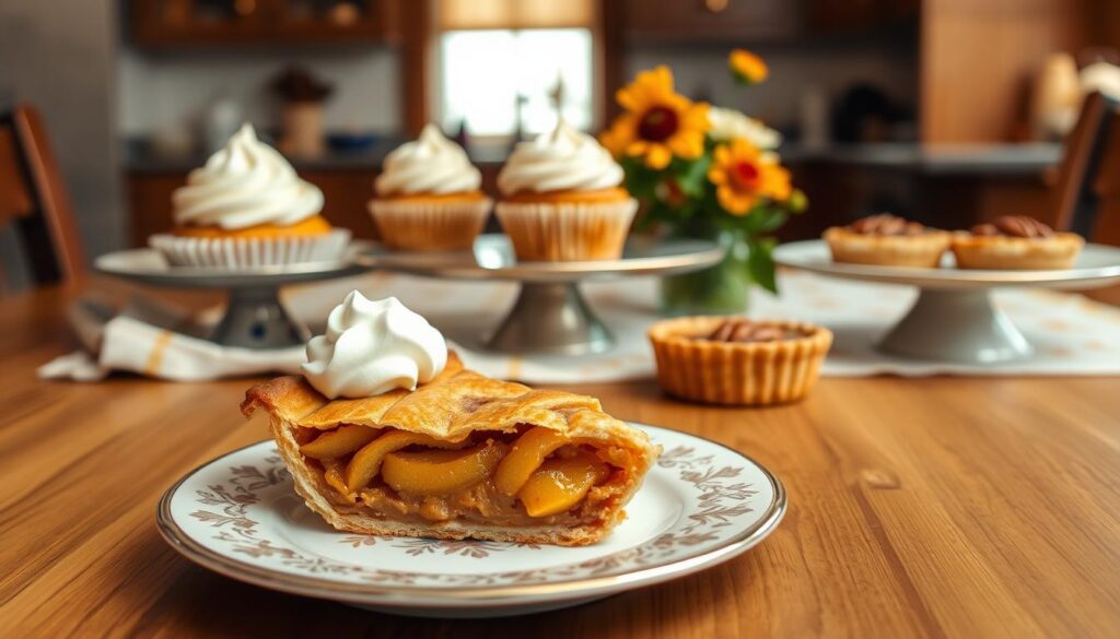 A cozy Thanksgiving table set with an array of simple desserts, featuring a warm apple pie, pumpkin spice cupcakes with cream frosting, and rustic pecan tarts. In the foreground, a slice of pie rests on a decorative plate, with a dollop of whipped cream on top, showcasing its flaky crust. In the middle, beautifully arranged desserts are placed on a wooden table draped with a subtle autumn-themed cloth, surrounded by a small bouquet of fall flowers. The background softly fades into a well-lit kitchen with warm lighting, emphasizing a welcoming atmosphere. The scene captures the essence of effortless elegance, inviting viewers to enjoy the simplicity of these delightful treats.