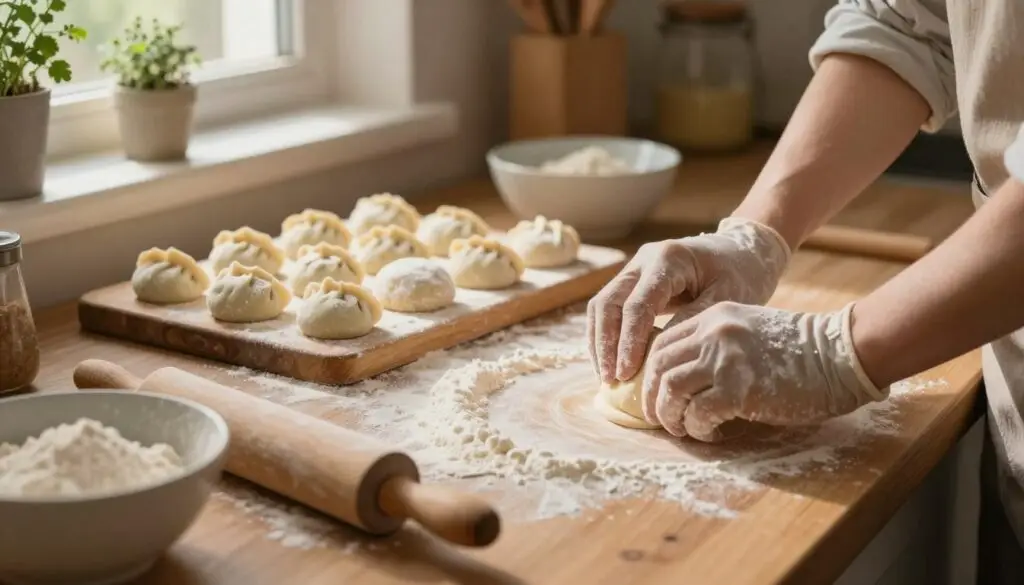 A cozy home kitchen scene focused on the process of dumpling dough preparation. In the foreground, a wooden counter strewn with flour and a rolling pin rests beside a bowl of freshly mixed dough, slightly sticky and glistening. A pair of hands, wearing modest kitchen gloves, methodically kneads the dough. In the middle, a well-used cutting board holds perfectly shaped dumpling rounds, dusted lightly with flour, showcasing the craft of homemade dumplings. In the background, soft, warm lighting filters through a window adorned with kitchen herbs, casting gentle shadows. The atmosphere is inviting and homely, with a sense of culinary artistry and comfort, perfect for capturing the essence of making delicious dumplings from scratch. A cozy home kitchen scene focused on the process of dumpling dough preparation. In the foreground, a wooden counter strewn with flour and a rolling pin rests beside a bowl of freshly mixed dough, slightly sticky and glistening. A pair of hands, wearing modest kitchen gloves, methodically kneads the dough. In the middle, a well-used cutting board holds perfectly shaped dumpling rounds, dusted lightly with flour, showcasing the craft of homemade dumplings. In the background, soft, warm lighting filters through a window adorned with kitchen herbs, casting gentle shadows. The atmosphere is inviting and homely, with a sense of culinary artistry and comfort, perfect for capturing the essence of making delicious dumplings from scratch.