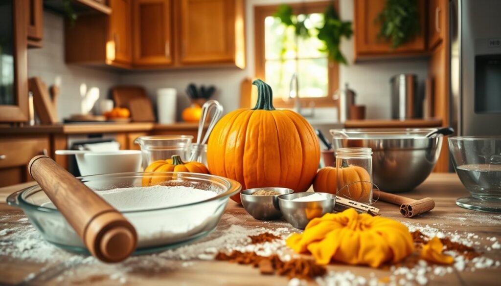 A cozy kitchen scene centered around an array of homemade pumpkin pie baking tools. In the foreground, a wooden rolling pin rests beside a glass pie dish and a floured countertop scattered with pumpkin puree and spices like cinnamon and nutmeg. In the middle, a bright orange pumpkin sits next to measuring cups, a whisk, and a mixing bowl, all surrounded by fresh ingredients for pie-making. The background features a warm, inviting kitchen with wooden cabinets and hanging herbs, softly lit by natural sunlight streaming in through a window. The mood is cheerful and festive, capturing the essence of a family preparing for Thanksgiving. Use a warm color palette to evoke a sense of comfort and nostalgia, with a shallow depth of field to emphasize the tools.