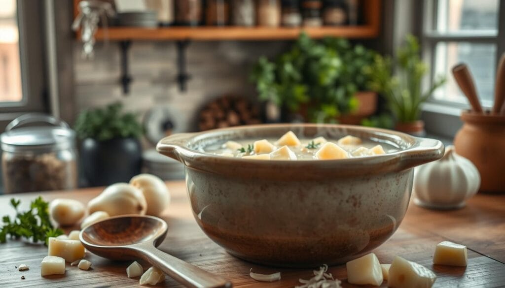 A cozy kitchen scene featuring a steaming bowl of creamy potato soup in a rustic ceramic crockpot, with ingredients like diced potatoes, chopped onions, and sprigs of fresh parsley scattered around. In the foreground, a wooden spoon rests beside the bowl, hinting at a heartwarming meal. The middle of the image showcases the crockpot, with soft, warm lighting emanating from a nearby window, illuminating the inviting textures of the soup. In the background, shelves lined with jars of spices and fresh herbs create a homely atmosphere. The overall mood is comforting and inviting, perfect for a family meal on a chilly day, captured with a shallow depth of field to focus on the soup while softly blurring the background elements.