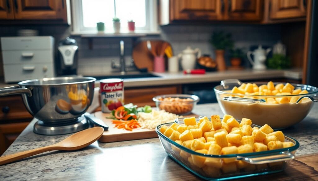 A cozy kitchen scene featuring essential tools and equipment for making a creamy tater tot casserole. In the foreground, showcase a vibrant array of kitchen utensils, including a wooden spoon, a mixing bowl filled with creamy mixture, and a baking dish adorned with crispy tater tots. In the middle ground, have a countertop with a cutting board displaying chopped vegetables, a can of cream of mushroom soup, and a sprinkle of cheese ready for layering. The background should reveal a warm, inviting kitchen atmosphere with soft, natural lighting streaming through a window, highlighting the rustic cabinetry and inviting decor. Capture the feeling of comfort and hominess, emphasizing an organized and well-equipped kitchen space.