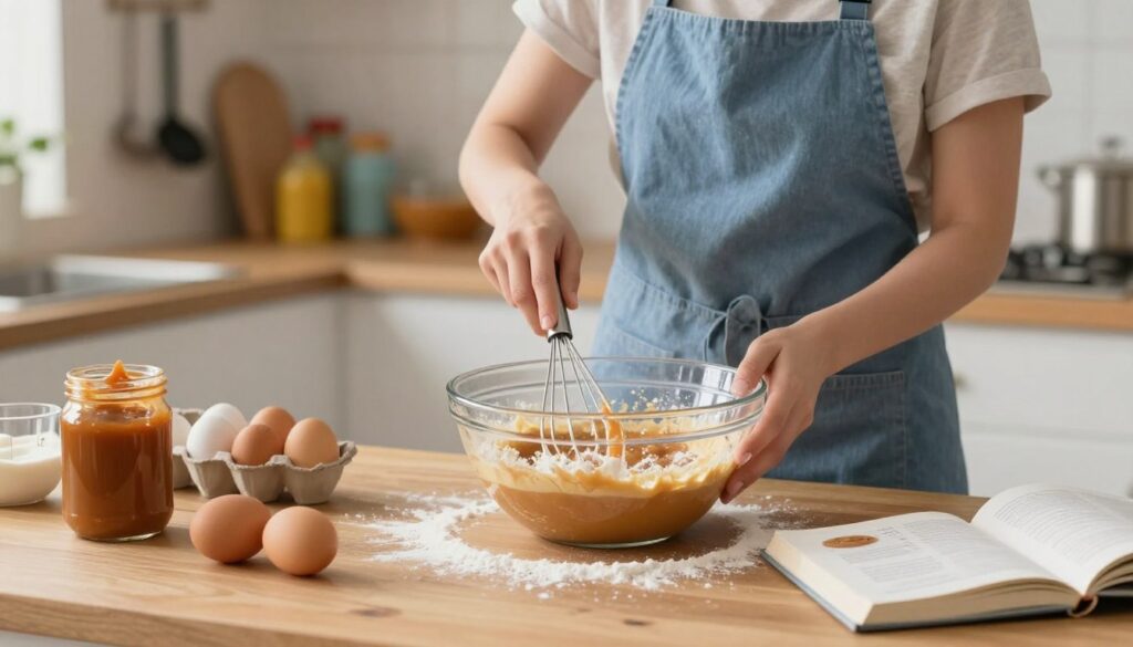 A cozy kitchen scene filled with warm, inviting light, highlighting a wooden table where a baker is mixing ingredients for a quick caramel cake. In the foreground, a glass mixing bowl with the cake batter, a whisk, and spilled flour scattered around. The baker, dressed in a modest blue apron, is focused on the mixing process, with a slight smile of satisfaction. In the middle ground, there are jars of caramel sauce, eggs, and a measuring cup, along with a cookbook opened to the recipe page. The background features soft, blurred kitchen elements like hanging utensils and colorful baking supplies. The mood is cheerful and homely, ideal for capturing the essence of baking a delicious cake.