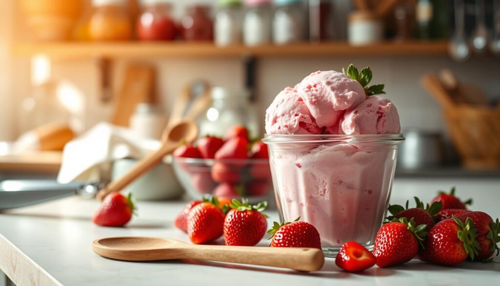 A cozy kitchen scene focused on a glass container filled with creamy, homemade strawberry ice cream, its vibrant pink color accentuated by fresh strawberries scattered nearby. In the foreground, a wooden spatula rests beside the container, hinting at the preparation process. The middle ground features kitchen tools like scoops and a bowl with more strawberries, with soft sunlight illuminating the scene, creating a warm and inviting atmosphere. The background shows shelves filled with jars and utensils, wrapped in homey decor. Use a warm, natural light setting to evoke comfort and warmth, capturing the essence of homemade desserts. The lens is slightly blurred at the edges to create depth, emphasizing the delicious ice cream in the foreground.
