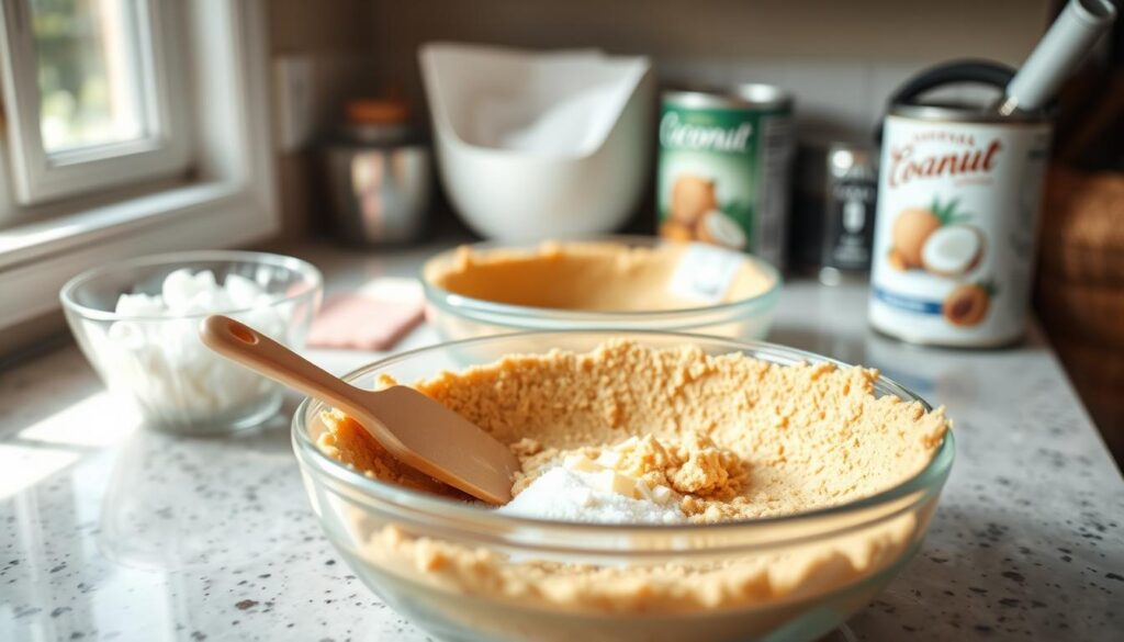 A cozy kitchen scene showcasing the preparation of a graham cracker pie crust for a coconut cream pie. In the foreground, a mixing bowl filled with crushed graham crackers, melted butter, and sugar is on a countertop, with a spatula resting nearby. In the middle, a glass pie dish sits ready for the crust to be pressed in. Ingredients like coconut flakes and a can of cream of coconut are visible in the background, hinting at the pie's filling. Soft, natural light streams in from a nearby window, creating a warm and inviting atmosphere. The focus is sharp on the pie crust preparation, with a shallow depth of field that softly blurs the background, enhancing the homely vibe. The mood is cheerful and creative, embodying the joy of baking.