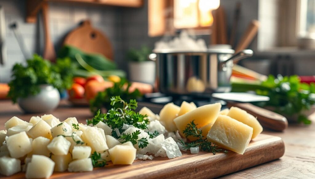 A cozy kitchen scene showcasing the preparation of vegetarian potato soup. In the foreground, a wooden cutting board with diced potatoes, chopped onions, and fresh herbs like parsley and thyme, glistening with moisture. In the middle, a stainless steel pot on a stovetop steaming gently, with vibrant vegetables like carrots and celery nearby, ready to be added. A rustic kitchen atmosphere with soft, warm lighting filtering through a window in the background, giving a golden hour glow. Essential cooking utensils like a wooden spoon and knife are artfully arranged around the ingredients. The overall mood is inviting and homely, reflecting the joy of cooking wholesome food.