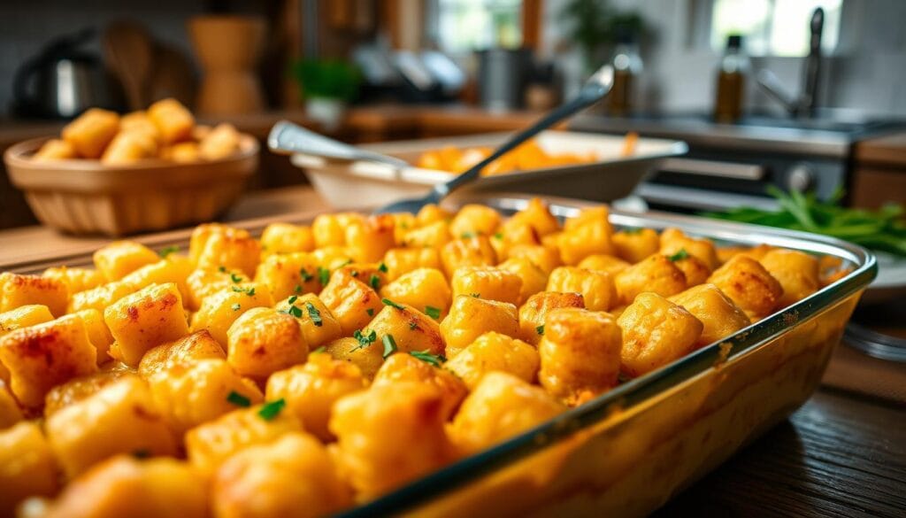 A delicious homemade tater tot casserole, bubbling and golden brown, fills the foreground. The dish is topped with perfectly crisp tater tots and garnished with fresh green herbs. In the middle, the casserole dish rests on a rustic wooden table, surrounded by utensils and a serving spoon. In the background, a cozy kitchen setting features soft, warm lighting that enhances the comforting atmosphere. The lens captures a close-up perspective, focusing on the texture of the casserole, highlighting the creamy layers beneath the crispy top. The mood is inviting and homely, evoking feelings of comfort and family togetherness.