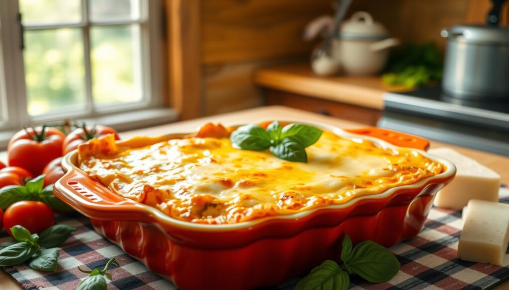 A freshly baked lasagna is the focal point of the image, positioned in a rustic, inviting kitchen setting. The lasagna, golden-brown and bubbling with cheese on top, is placed in a vibrant, colorful ceramic dish. Surrounding the dish are fresh ingredients, such as ripe tomatoes, basil leaves, and parmesan cheese, creating a warm and cozy atmosphere. In the background, soft, natural lighting filters through a window, casting gentle shadows. A wooden table with a plaid tablecloth adds homey charm, while a hint of steam rises from the lasagna, emphasizing its warmth and freshness. The composition conveys a sense of family togetherness and culinary delight, perfect for highlighting the joy of baking.
