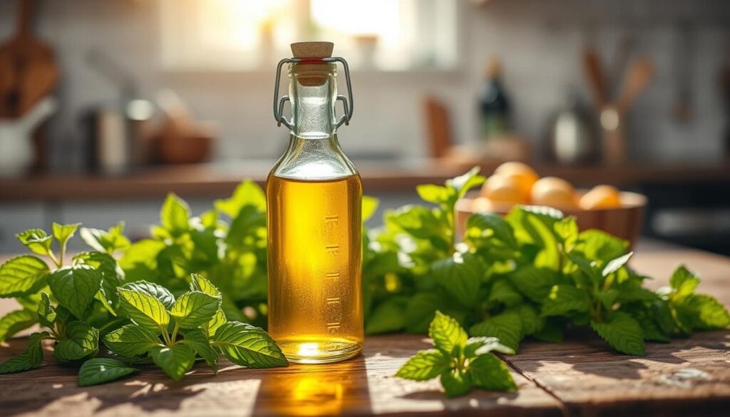 A glass bottle of freshly made lemon balm oil sits on a rustic wooden table, exuding a vibrant golden hue. Surrounding the bottle, lush green lemon balm leaves are gently arranged, showcasing their textured surfaces and bright colors. In the background, a soft-focus kitchen setting reveals hints of cooking utensils and ingredients, adding a homely touch. Sunlight streams through a nearby window, casting warm, inviting light across the scene, creating delicate reflections on the oil's surface. The overall atmosphere is calm and refreshing, evoking a sense of wellness and culinary delight, perfect for illustrating a recipe with natural herbs. The image is captured from a slight overhead angle, allowing for a clear view of the bottle and surrounding leaves while maintaining an intimate, cozy feel. A glass bottle of freshly made lemon balm oil sits on a rustic wooden table, exuding a vibrant golden hue. Surrounding the bottle, lush green lemon balm leaves are gently arranged, showcasing their textured surfaces and bright colors. In the background, a soft-focus kitchen setting reveals hints of cooking utensils and ingredients, adding a homely touch. Sunlight streams through a nearby window, casting warm, inviting light across the scene, creating delicate reflections on the oil's surface. The overall atmosphere is calm and refreshing, evoking a sense of wellness and culinary delight, perfect for illustrating a recipe with natural herbs. The image is captured from a slight overhead angle, allowing for a clear view of the bottle and surrounding leaves while maintaining an intimate, cozy feel.