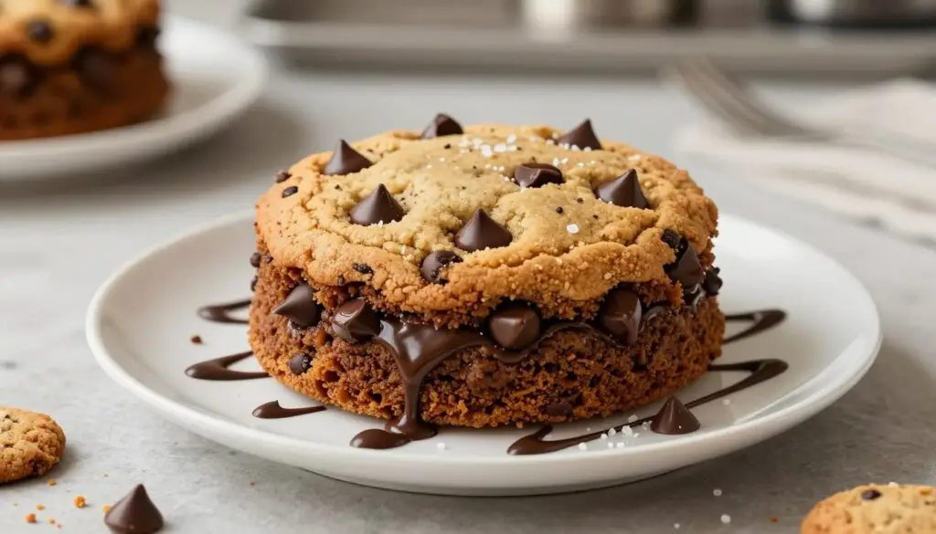 A mouthwatering chocolate chip cookie cake sits elegantly on a pristine white plate. The cake boasts a golden-brown, crispy outer layer with gooey chocolate chips visibly melting on top. Surrounding the cake are delicate drizzles of rich chocolate and a sprinkle of sea salt, enhancing its gourmet appeal. Freshly baked cookie crumbs lay on the table beside the plate, inviting a closer look. Soft, warm lighting emanates from above, creating a cozy atmosphere, while a blurred kitchen countertop in the background hints at the baking process. The angle captures the cake slightly from the side, showcasing its thick texture and decadent layers. The mood is inviting, homey, and perfect for a dessert recipe feature. A mouthwatering chocolate chip cookie cake sits elegantly on a pristine white plate. The cake boasts a golden-brown, crispy outer layer with gooey chocolate chips visibly melting on top. Surrounding the cake are delicate drizzles of rich chocolate and a sprinkle of sea salt, enhancing its gourmet appeal. Freshly baked cookie crumbs lay on the table beside the plate, inviting a closer look. Soft, warm lighting emanates from above, creating a cozy atmosphere, while a blurred kitchen countertop in the background hints at the baking process. The angle captures the cake slightly from the side, showcasing its thick texture and decadent layers. The mood is inviting, homey, and perfect for a dessert recipe feature.