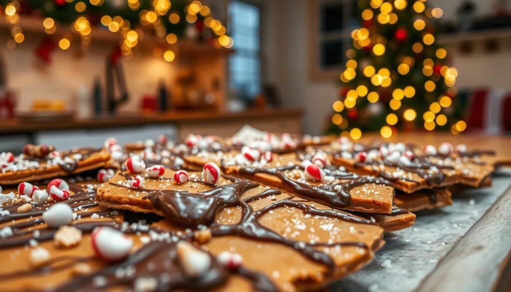A mouthwatering close-up of a beautifully arranged tray of Christmas Crack, showcasing its layers of rich, golden toffee, melted chocolate cascading over the surface, and speckles of festive toppings like crushed peppermint and nuts. In the foreground, capture the texture of the crack, highlighting its glossy finish and intricate patterns. The middle ground features a cozy kitchen setting with warm, ambient lighting, decorated with Christmas ornaments and twinkling fairy lights in soft bokeh. In the background, a glimpse of a decorated Christmas tree adds to the holiday spirit. The overall mood is warm and inviting, evoking the joy and nostalgia of holiday baking. Use a soft focus with a slight depth of field to enhance the subject. A mouthwatering close-up of a beautifully arranged tray of Christmas Crack, showcasing its layers of rich, golden toffee, melted chocolate cascading over the surface, and speckles of festive toppings like crushed peppermint and nuts. In the foreground, capture the texture of the crack, highlighting its glossy finish and intricate patterns. The middle ground features a cozy kitchen setting with warm, ambient lighting, decorated with Christmas ornaments and twinkling fairy lights in soft bokeh. In the background, a glimpse of a decorated Christmas tree adds to the holiday spirit. The overall mood is warm and inviting, evoking the joy and nostalgia of holiday baking. Use a soft focus with a slight depth of field to enhance the subject.
