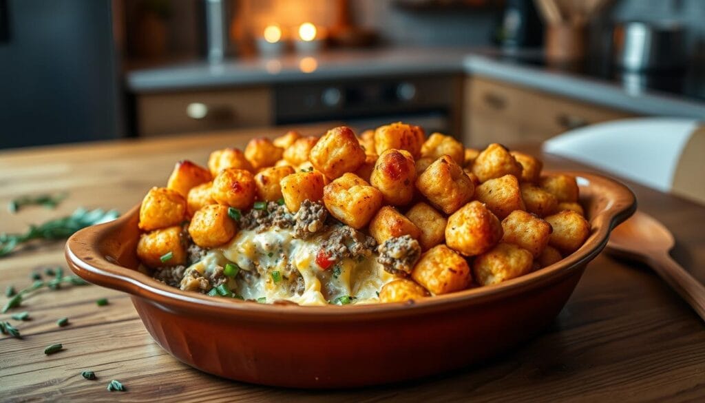 A mouthwatering tater tot casserole sits elegantly in a rustic ceramic dish, showcasing a golden-brown crust with perfectly crisp tater tots on top. The creamy filling is visible, featuring a blend of ground beef, mixed vegetables, and rich, cheesy sauce, giving off a savory aroma. The scene is set on a wooden dining table, with a warm, inviting kitchen in the background that features soft, ambient lighting. The angle is slightly top-down to capture the dish's texture, with a few scattered ingredients like fresh herbs and a wooden spoon for a homestyle touch. The overall mood is cozy and comforting, evoking feelings of family meals and togetherness, perfect for a chilly evening.