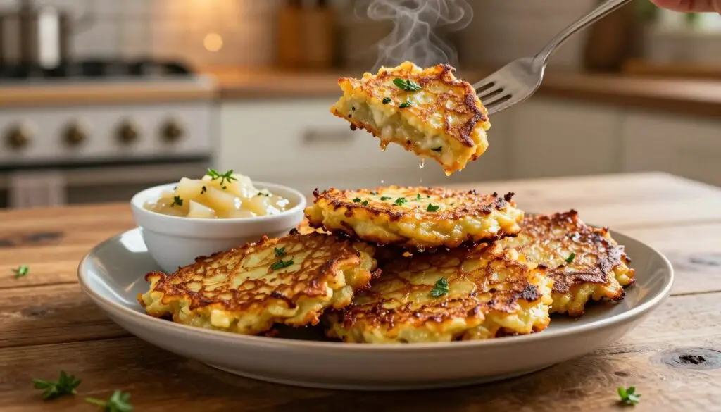 A plate of perfectly crispy potato latkes, golden brown with a wonderfully textured surface, served on a rustic wooden table. In the foreground, the latkes are stacked high, glistening with a hint of oil, garnished with fresh herbs and accompanied by a small bowl of tangy applesauce. In the middle ground, a fork is poised ready to take a bite, emphasizing the inviting nature of the dish. The background features a softly lit kitchen environment, with warm, ambient lighting creating a cozy atmosphere. A hint of steam rises from the latkes, suggesting they are freshly cooked. The focus is sharp on the latkes, with a shallow depth of field blurring the background slightly, enhancing the appeal and making the dish the star of the composition.