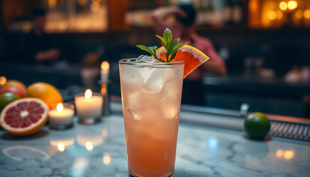 A refreshing Paloma cocktail elegantly presented in a stylish glass filled with ice, featuring a pale pink grapefruit juice base mixed with tequila. The foreground showcases the cocktail adorned with a fresh lime wedge and a sprig of mint, droplets of condensation glistening on the glass. The middle ground includes a subtle blurred view of an inviting bar top, decorated with fresh citrus fruits like grapefruits and limes, creating a vibrant atmosphere. In the background, soft, warm lighting enhances the mood, casting gentle shadows that evoke a relaxed evening setting. A few flickering candles add a cozy touch, while a hint of blurred bartender and shelves lined with bottles create an ambiance of a lively cocktail bar. The image captures the essence of the Paloma's rich history and origins. A refreshing Paloma cocktail elegantly presented in a stylish glass filled with ice, featuring a pale pink grapefruit juice base mixed with tequila. The foreground showcases the cocktail adorned with a fresh lime wedge and a sprig of mint, droplets of condensation glistening on the glass. The middle ground includes a subtle blurred view of an inviting bar top, decorated with fresh citrus fruits like grapefruits and limes, creating a vibrant atmosphere. In the background, soft, warm lighting enhances the mood, casting gentle shadows that evoke a relaxed evening setting. A few flickering candles add a cozy touch, while a hint of blurred bartender and shelves lined with bottles create an ambiance of a lively cocktail bar. The image captures the essence of the Paloma's rich history and origins.