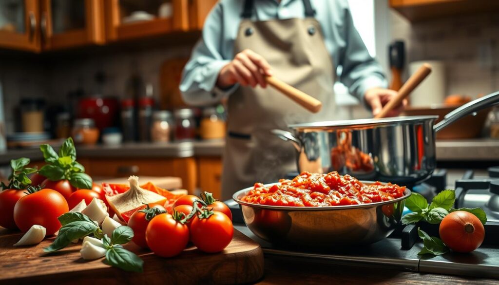 A richly detailed kitchen scene showcasing the preparation of homemade lasagna sauce. In the foreground, a sturdy wooden cutting board supports fresh ingredients: ripe tomatoes, minced garlic, and fragrant basil. A shiny stainless steel saucepan sits on a gas stove, simmering with a vibrant red sauce, steam wafting upwards. The middle layer features a chef, wearing a modest apron and a comfortable shirt, intently stirring the sauce with a wooden spoon, surrounded by jars of spices and herbs. In the background, warm wooden cabinets and a window with soft, natural light filtering through create an inviting atmosphere. The mood is familial and cozy, evoking a sense of home cooking and togetherness. The angle of the shot is slightly overhead, capturing both the action and the colorful ingredients.