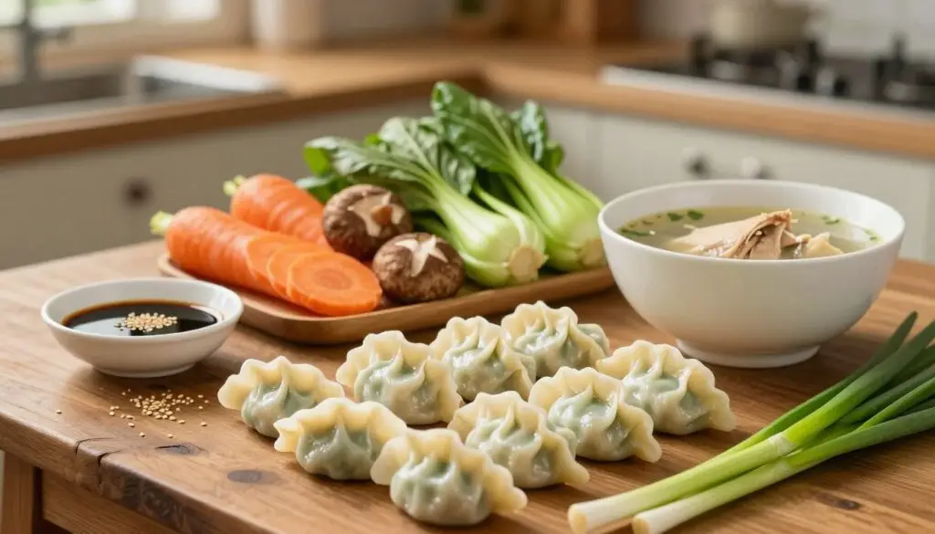 A rustic wooden table filled with essential ingredients for dumpling soup. In the foreground, showcase fresh dumplings, plump and ready to cook, alongside vibrant green scallions and a bowl of rich chicken broth. In the middle, place assorted vegetables like sliced carrots, mushrooms, and bok choy, all arranged artistically. Add a small dish of soy sauce and a sprinkle of sesame seeds for detail. In the background, softly blurred, include a cozy kitchen scene with warm lighting that evokes a comforting atmosphere. Use a shallow depth of field to keep focus on the ingredients, while the warm natural light creates a homely and inviting mood. A rustic wooden table filled with essential ingredients for dumpling soup. In the foreground, showcase fresh dumplings, plump and ready to cook, alongside vibrant green scallions and a bowl of rich chicken broth. In the middle, place assorted vegetables like sliced carrots, mushrooms, and bok choy, all arranged artistically. Add a small dish of soy sauce and a sprinkle of sesame seeds for detail. In the background, softly blurred, include a cozy kitchen scene with warm lighting that evokes a comforting atmosphere. Use a shallow depth of field to keep focus on the ingredients, while the warm natural light creates a homely and inviting mood.
