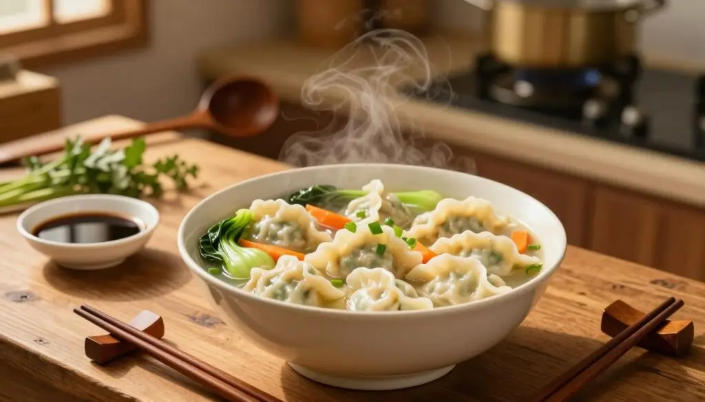 A steaming bowl of dumpling soup takes center stage, showcasing delicate, hand-crafted dumplings floating in a rich, savory broth filled with vibrant vegetables like bok choy, carrots, and green onions. In the foreground, a pair of chopsticks rests elegantly beside the bowl, hinting at an inviting meal. The middle layer captures a rustic wooden table adorned with fresh herbs and a small dish of soy sauce for dipping, enhancing the authenticity of the scene. In the background, softly blurred kitchen elements, such as a wooden ladle and a simmering pot on the stove, create a warm, homey atmosphere. The lighting is warm and inviting, reminiscent of a cozy kitchen during golden hour, casting gentle shadows that emphasize the textures of the food. The overall mood is one of comfort and warmth, perfect for illustrating a delicious, home-cooked experience. A steaming bowl of dumpling soup takes center stage, showcasing delicate, hand-crafted dumplings floating in a rich, savory broth filled with vibrant vegetables like bok choy, carrots, and green onions. In the foreground, a pair of chopsticks rests elegantly beside the bowl, hinting at an inviting meal. The middle layer captures a rustic wooden table adorned with fresh herbs and a small dish of soy sauce for dipping, enhancing the authenticity of the scene. In the background, softly blurred kitchen elements, such as a wooden ladle and a simmering pot on the stove, create a warm, homey atmosphere. The lighting is warm and inviting, reminiscent of a cozy kitchen during golden hour, casting gentle shadows that emphasize the textures of the food. The overall mood is one of comfort and warmth, perfect for illustrating a delicious, home-cooked experience.