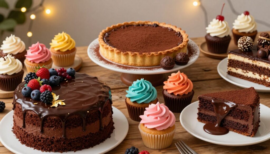 A stunning assortment of indulgent chocolate cake variations displayed on a beautifully set dessert table. In the foreground, showcase a rich, multi-layered chocolate cake drizzled with glossy ganache, adorned with fresh berries and edible gold leaf. Beside it, features elegantly frosted cupcakes in vibrant colors, and a slice of molten chocolate lava cake with molten chocolate oozing from the center. In the middle ground, a rustic wooden table holds a chocolate tart with a flaky crust and a dusting of cocoa powder, surrounded by delicate chocolate truffles. The background features soft, ambient lighting that creates a warm and inviting atmosphere, with blurred fairy lights twinkling gently, adding to the overall indulgent mood. The image is captured from a slight overhead angle to showcase the variety and mouthwatering presentation, making it perfect for dessert lovers.
