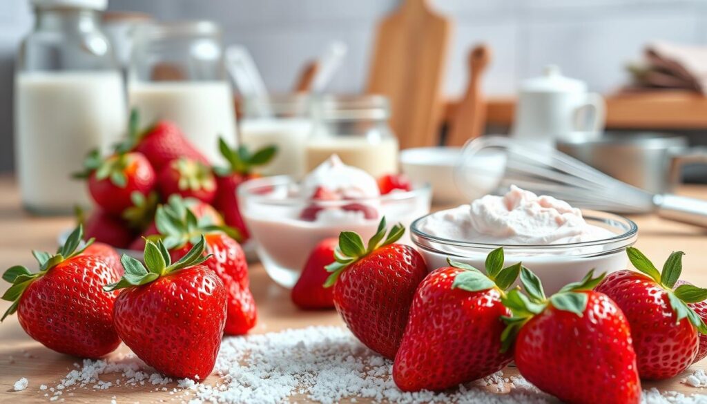 A vibrant and appetizing composition showcasing the essential ingredients for fresh strawberry ice cream. In the foreground, place ripe, glistening strawberries with dew drops, surrounded by a scattering of granulated sugar. Include a small bowl of creamy, luscious ice cream mixture, swirled with a hint of pink from crushed strawberries. In the middle, arrange ingredients like heavy cream, milk, and vanilla pods elegantly, with a whisk and measuring cups nearby. In the background, a soft-focus kitchen setting with warm wooden surfaces hints at a cozy atmosphere. Use natural lighting to cast a gentle glow, enhancing the freshness of the strawberries and creating a welcoming, sweet mood. Capture the scene from a slightly elevated angle, emphasizing the richness and freshness of the ingredients.