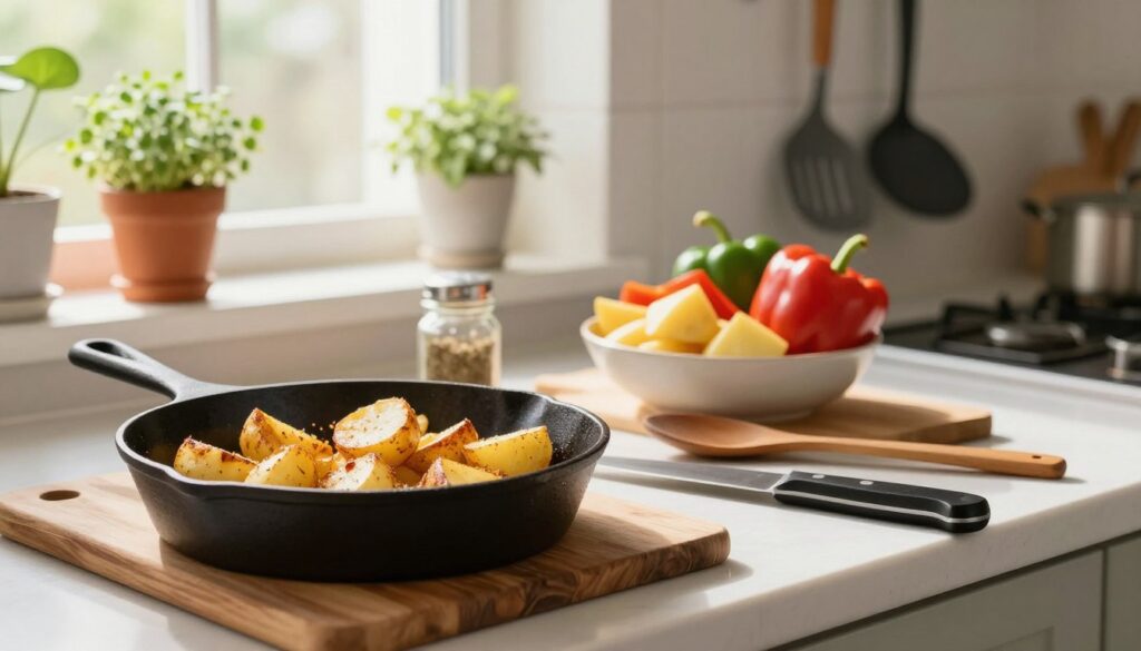 A vibrant and inviting kitchen countertop scene featuring essential tools for preparing crispy breakfast potatoes. The foreground showcases a glossy cast iron skillet, a wooden spoon, and a sharp chef's knife resting on a rustic cutting board. In the middle, a bowl filled with diced potatoes and colorful bell peppers is artfully arranged alongside a small jar of seasoning. The background reveals a sunlit window with potted herbs and a few neatly arranged cooking utensils hanging on a wall. Soft, warm lighting creates a cozy atmosphere, with a shallow depth of field focusing on the kitchen tools while softly blurring the background. The mood is lively and encouraging, perfect for morning cooking inspiration.