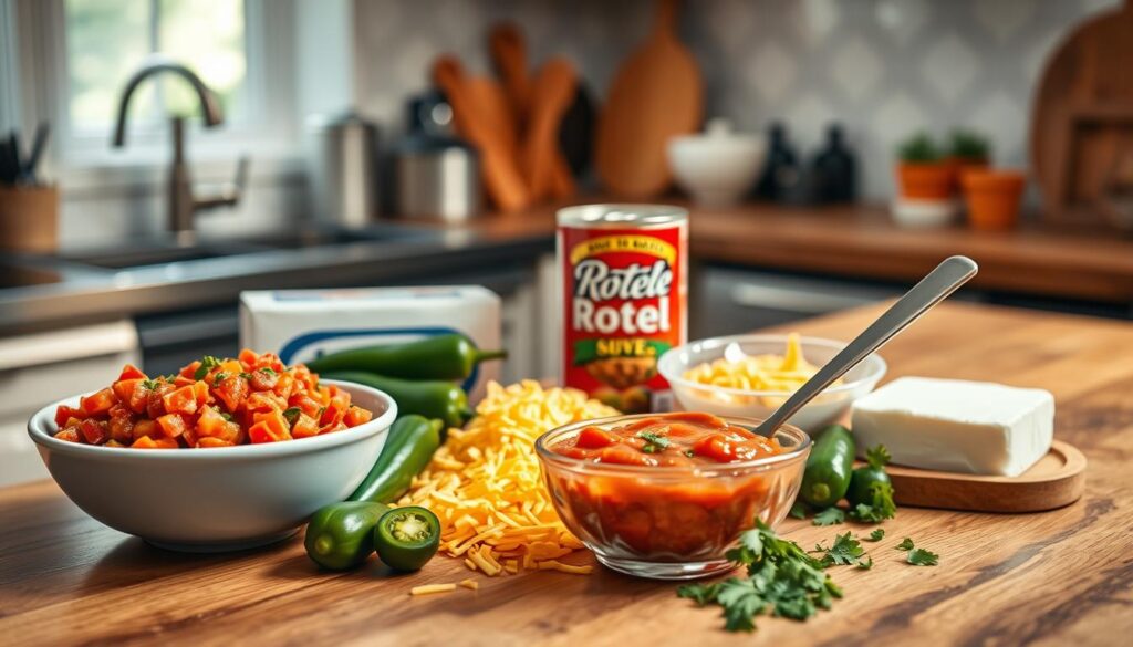 A vibrant and inviting kitchen countertop styled for a food photography shoot, showcasing the essential ingredients for creamy Rotel dip. In the foreground, there should be a bowl of diced tomatoes with green chilies, a block of cream cheese, a can of Rotel, shredded cheddar cheese, and a spoon for mixing. The middle ground features fresh jalapeños and a sprinkle of chopped cilantro, adding a pop of color. The background is softly blurred with kitchen utensils and a hint of a rustic wooden table. Natural light streams in from a nearby window, casting a warm glow over the ingredients, creating a cozy and appetizing atmosphere. The composition is balanced and aesthetically pleasing, ideal for inviting viewers to explore the recipe.